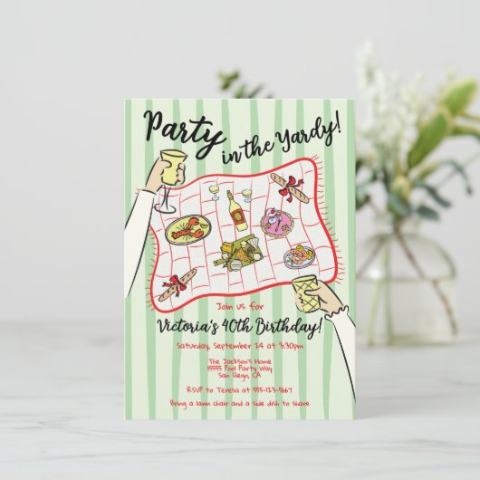 Handgezeichnetes Picknick-Party in der Yardy Einladung (Stehend Vorderseite)