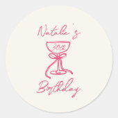 Handgezeichnetes Pink Bow Champagner Glas 30. Gebu Runder Aufkleber (Vorderseite)