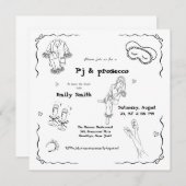 Handgezeichnetes PJ und Brautparty Prosecco Einladung (Vorne/Hinten)