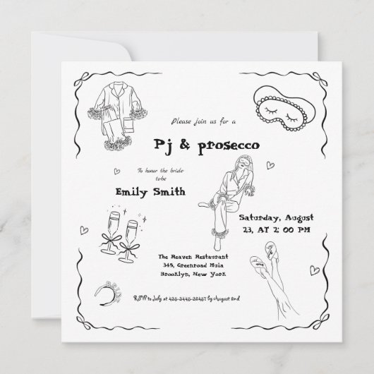 Handgezeichnetes PJ und Brautparty Prosecco Einladung (Vorderseite)