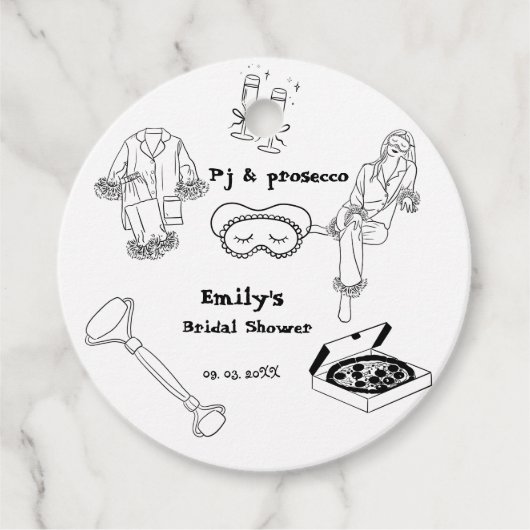 Handgezeichnetes PJ und Brautparty Prosecco Geschenkanhänger (Vorderseite)