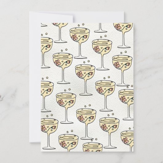 Handgezeichnetes Presecco- und Petals-Brautparty p Einladung (Rückseite)