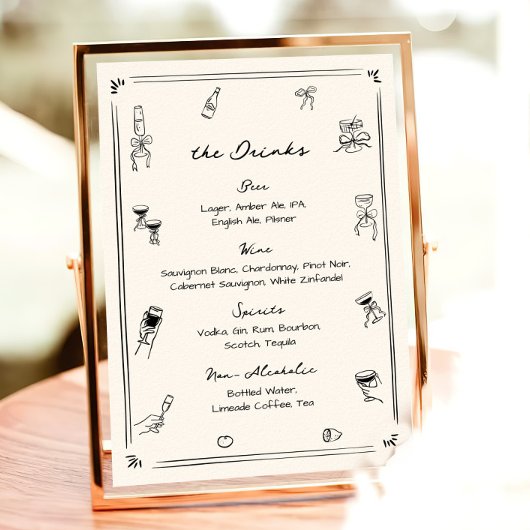 Handgezeichnetes Quirky Wedding Bar Drink Menu Poster