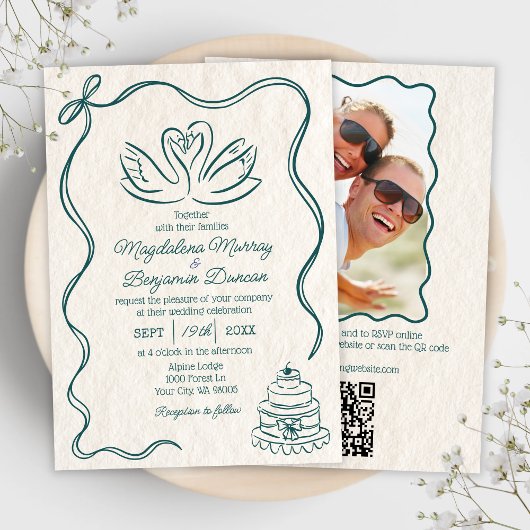 Handgezeichnetes Retro-Swans-Foto Einladung