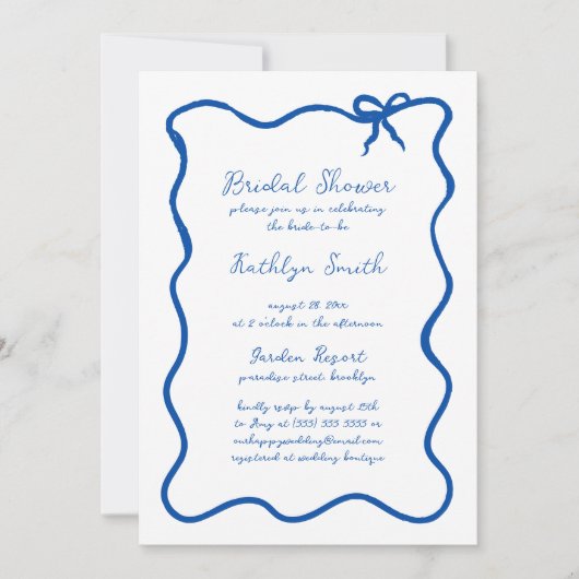 Handgezeichnetes Ribbon Whimsical Blue Brautparty Einladung (Vorderseite)