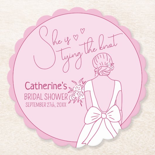 Handgezeichnetes rosa Bow Hochzeitskraut-Brautpart Untersetzer (Vorderseite)