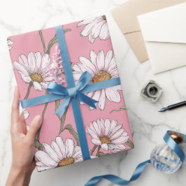 Handgezeichnetes Rosa Gänseblümchen Weißes Blumenm Geschenkpapier