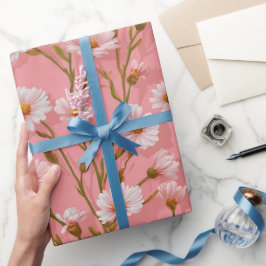 Handgezeichnetes Rosa Gänseblümchen Weißes Blumenm Geschenkpapier