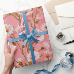 Handgezeichnetes Rosa Gänseblümchen Weißes Blumenm Geschenkpapier
