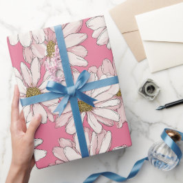 Handgezeichnetes rosa Gänseblümchen weißes Blumenm Geschenkpapier