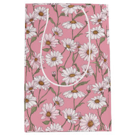 Handgezeichnetes Rosa Gänseblümchen Weißes Blumenm Mittlere Geschenktüte