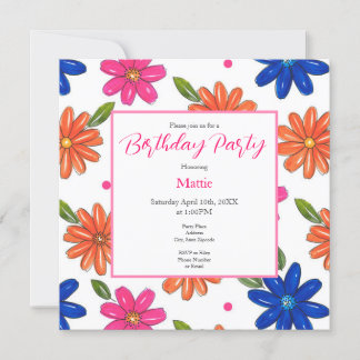 Handgezeichnetes Rosa, orange, blaue Blumen Einladung