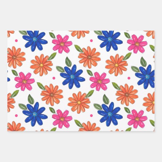 Handgezeichnetes Rosa, orange, blaue Blumen Geschenkpapier Set (Vorderseite 3)