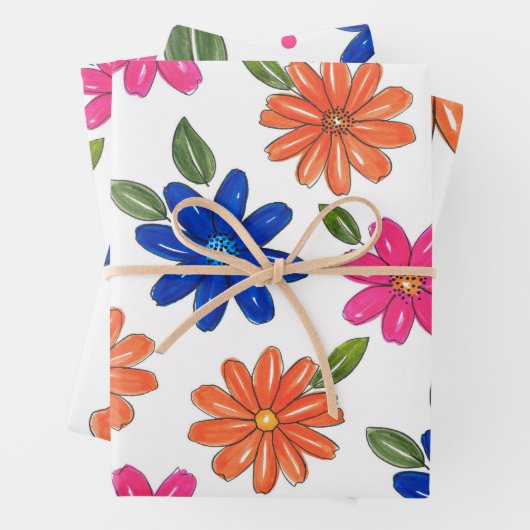 Handgezeichnetes Rosa, orange, blaue Blumen Geschenkpapier Set (Beispiel)