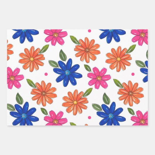 Handgezeichnetes Rosa, orange, blaue Blumen Geschenkpapier Set (Vorderseite)