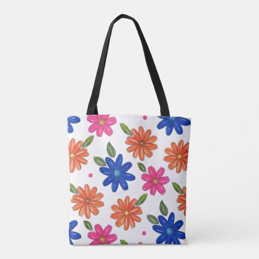 Handgezeichnetes Rosa, orange, blaue Blumen Tasche (Rückseite)