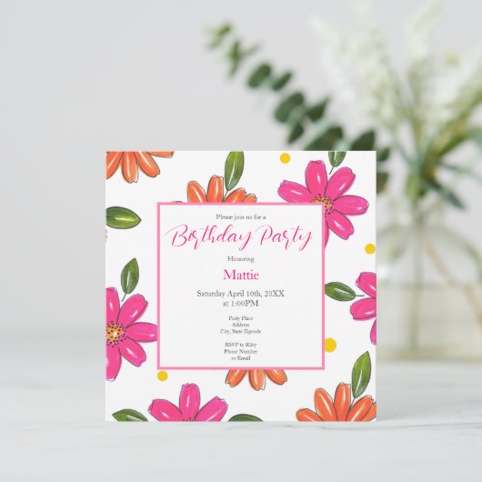 Handgezeichnetes Rosa, orange Blume Einladung (Stehend Vorderseite)