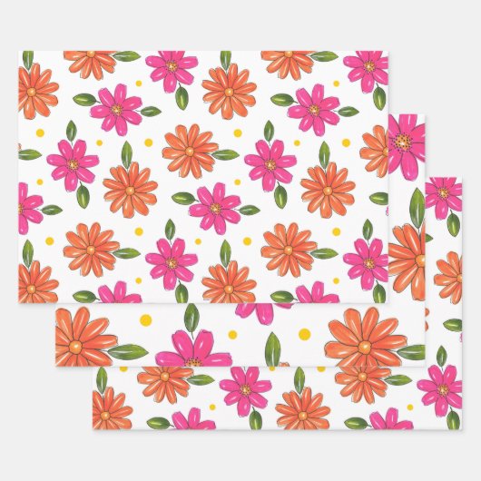 Handgezeichnetes Rosa, orange Blume Geschenkpapier Set (Set)