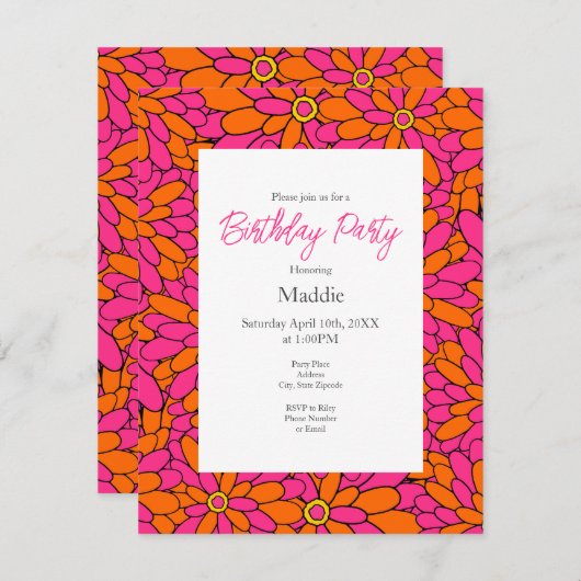 Handgezeichnetes, rosa Orange Zinnia Abstraktes Mu Einladung (Vorne/Hinten)