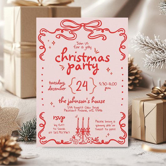 Handgezeichnetes Rosa & Roter Bow Modernes Weihnac Einladung