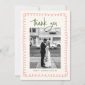 Handgezeichnetes Rosa und grünes Hochzeitssemble-F Dankeskarte (Vorderseite)