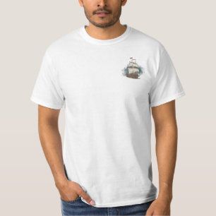 Handgezeichnetes Schiff in Bugwelle auf Spritzhint T-Shirt