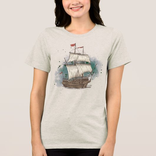 Handgezeichnetes Schiff Tri-Blend Shirt (Vorderseite)