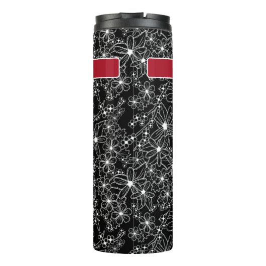 Handgezeichnetes Schwarz-weißes Muster und Roter N Thermosbecher (Rückseite)