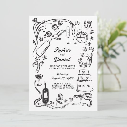 Handgezeichnetes Schwarzes und Einladung zur Hochz (Stehend Vorderseite)