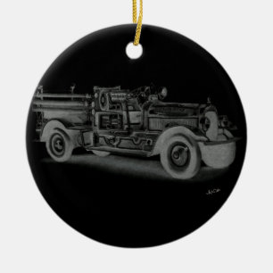 handgezeichnetes vintage Feuerwehrauto invertiert Keramikornament
