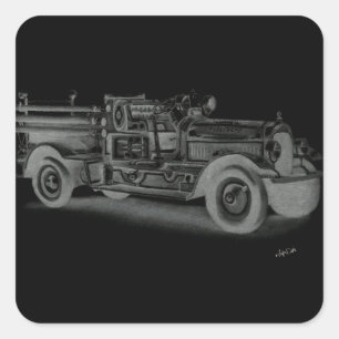 handgezeichnetes vintage Feuerwehrauto invertiert Quadratischer Aufkleber
