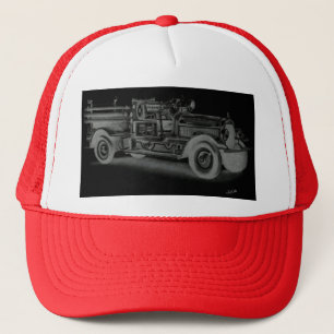 handgezeichnetes vintage Feuerwehrauto invertiert Truckerkappe