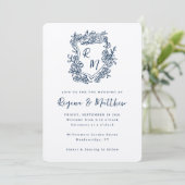 Handgezeichnetes Wappen Blue Monogram All-in-one H Einladung (Stehend Vorderseite)