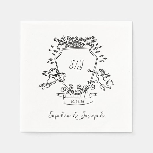 Handgezeichnetes Wappen mit Cherubs und Monogramm- Serviette (Vorderseite)