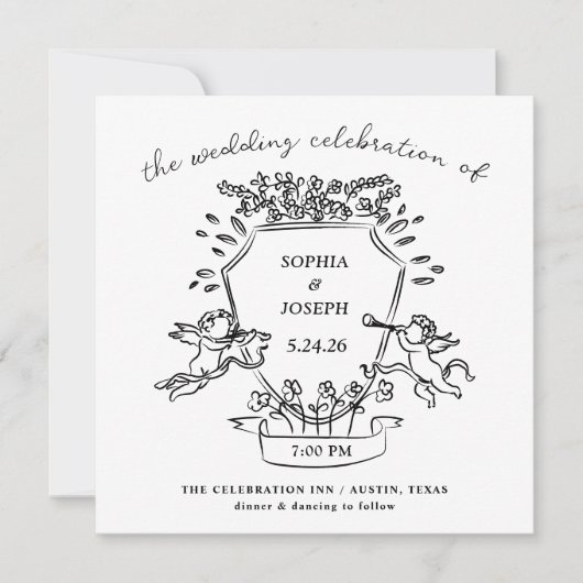 Handgezeichnetes Wappen mit Kehlen und Band | Hoch Einladung (Vorderseite)