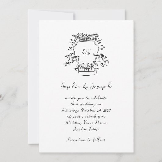 Handgezeichnetes Wappen mit Monogramm | Hochzeit Einladung (Vorderseite)