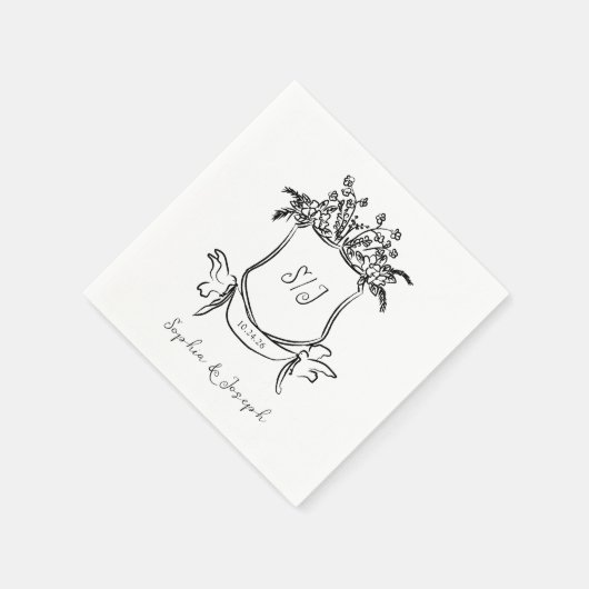Handgezeichnetes Wappen mit Monogramm-Hochzeit Serviette (Ecke)