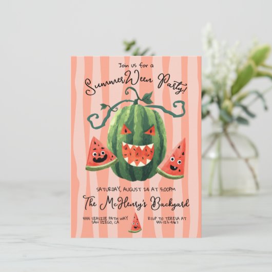 Handgezeichnetes Watermelon Pumpkin SummerWeen Par Einladung (Stehend Vorderseite)