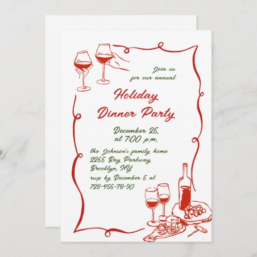 Handgezeichnetes Weihnachtsfest Abendessen Einladung (Vorne/Hinten)