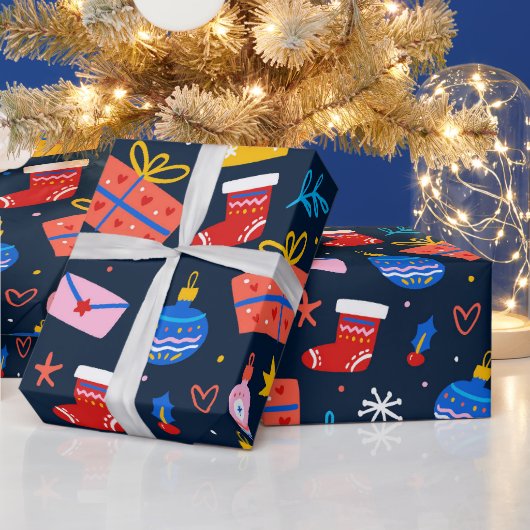 Handgezeichnetes Weihnachtsmuster, Mitternacht Geschenkpapier (Feiertage)