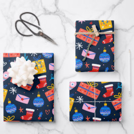Handgezeichnetes Weihnachtsmuster, Mitternacht Geschenkpapier Set
