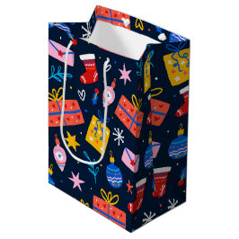 Handgezeichnetes Weihnachtsmuster, Mitternacht Mittlere Geschenktüte