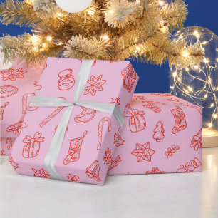 Handgezeichnetes Weihnachtsrosa und rotes Umschlag Geschenkpapier