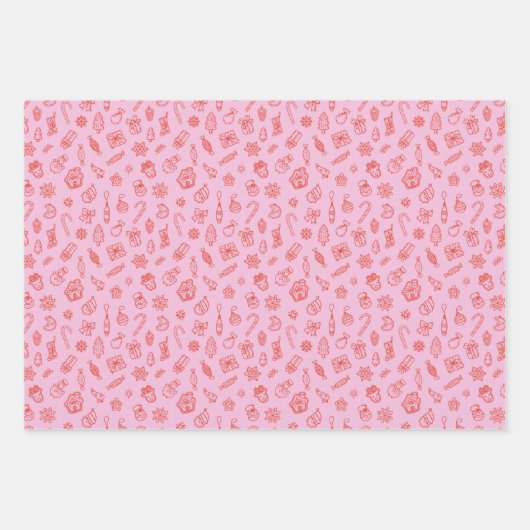 Handgezeichnetes Weihnachtsrosa und rotes Umschlag Geschenkpapier Set (Vorderseite 2)