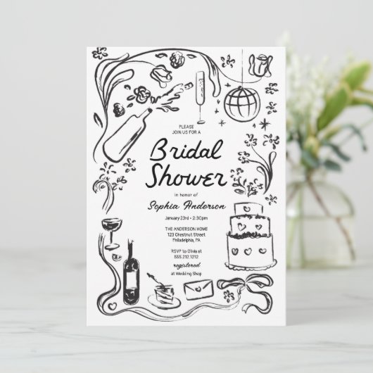 Handgezeichnetes weißes Brautparty Einladung (Stehend Vorderseite)