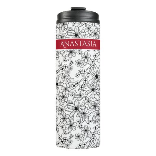 Handgezeichnetes, weißes schwarzes Muster und rote Thermosbecher (Vorderseite)