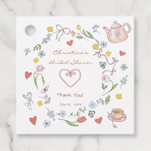 Handgezeichnetes Whimsical Tee-Brautparty Geschenkanhänger (Vorderseite)