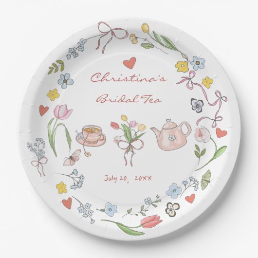 Handgezeichnetes Whimsical Tee-Brautparty Pappteller (Vorderseite)