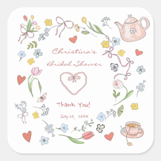 Handgezeichnetes Whimsical Tee-Brautparty Quadratischer Aufkleber (Vorderseite)