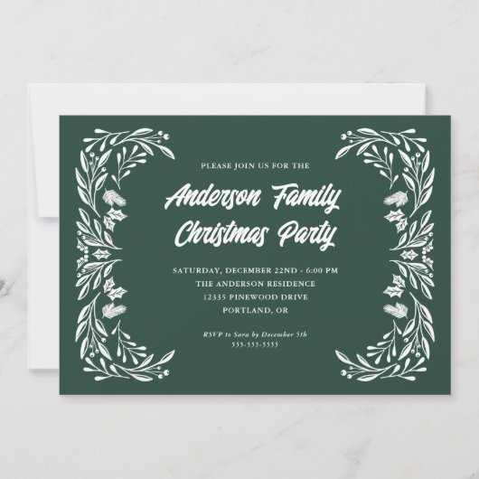Handgezeichnetes Wintergrün Familienweihnachtsfest Einladung (Vorderseite)